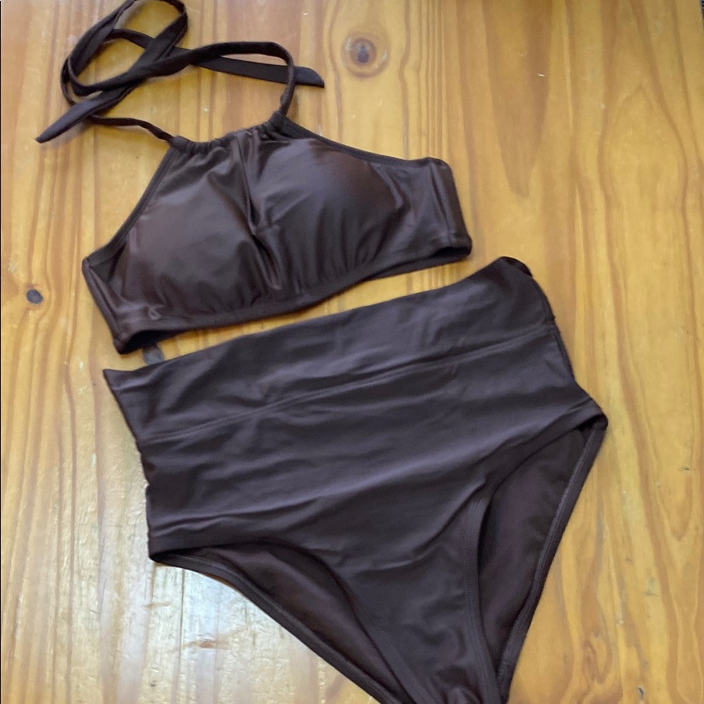 Time and Tru Brown Bikini Set High-Waisted Swimwear